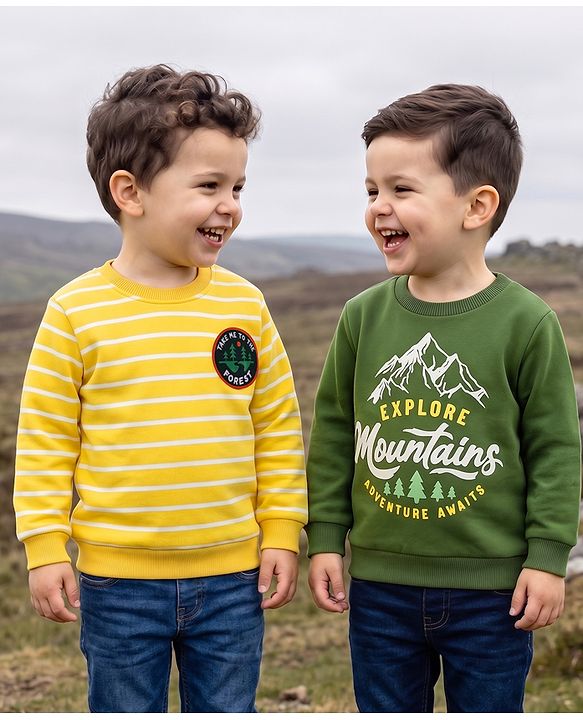 Babyhug Cotton Knit Full Sleeves Striped Sweatshirts with Mountain Graphic Pack of 2 - Yellow & Green