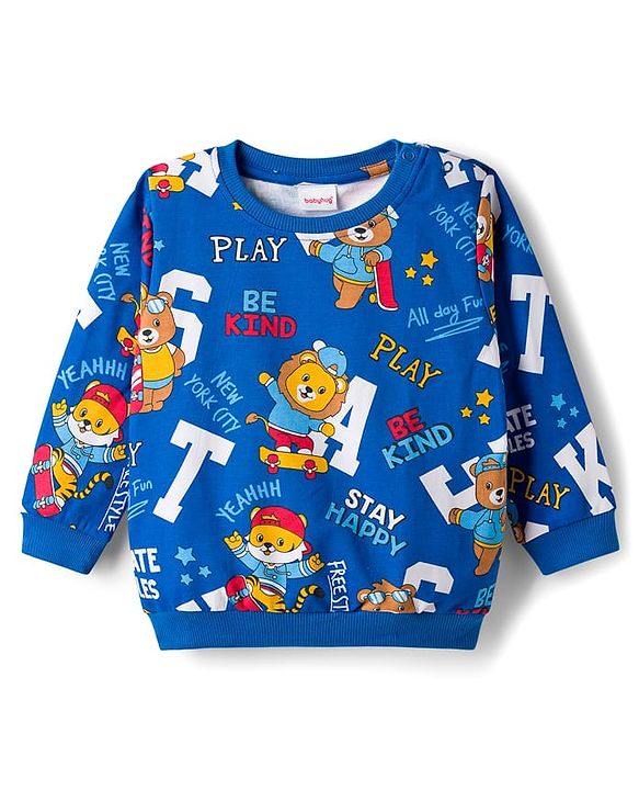 Babyhug Cotton Knit Full Sleeves Striped Sweatshirts with Animal Print Pack of 2 - Yellow & Blue