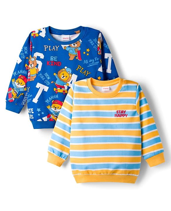 Babyhug Cotton Knit Full Sleeves Striped Sweatshirts with Animal Print Pack of 2 - Yellow & Blue