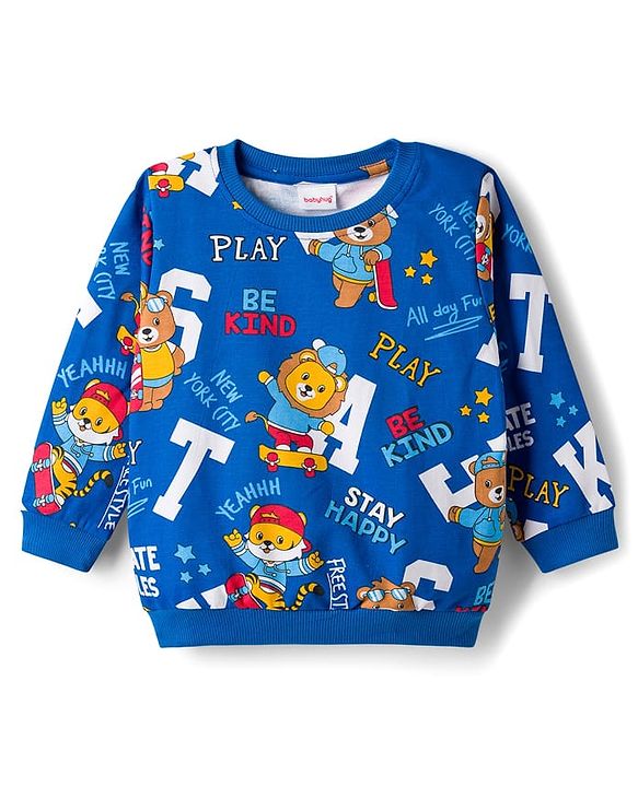 Babyhug Cotton Knit Full Sleeves Striped Sweatshirts with Animal Print Pack of 2 - Yellow & Blue