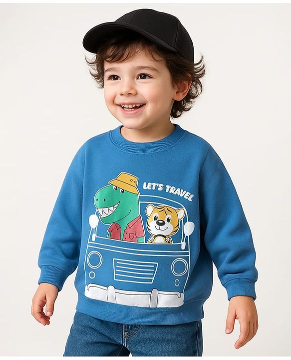 Babyhug 100% Cotton Full Sleeves Sweatshirt With Animal & Vehicle Graphics - Blue