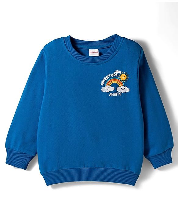 Babyhug Cotton Knit Full Sleeves Pullover Sweatshirt with Rainbow Print - Blue