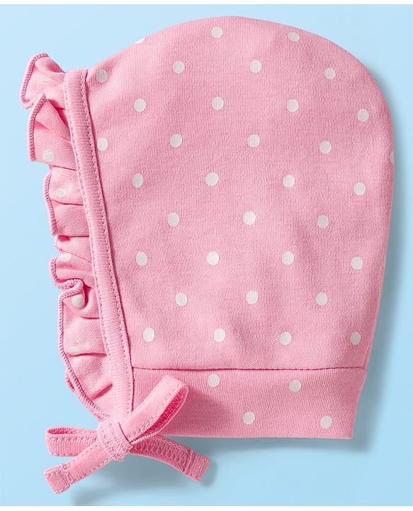 Babyhug 100% Cotton Cap with Polka Dot & Floral Print Pack of 2 Dark Pink & Pink - Diameter 16 cm