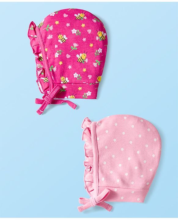 Babyhug 100% Cotton Cap with Polka Dot & Floral Print Pack of 2 Dark Pink & Pink - Diameter 16 cm