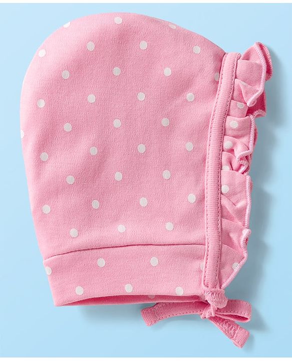 Babyhug 100% Cotton Cap with Polka Dot & Floral Print Pack of 2 Dark Pink & Pink - Diameter 16 cm