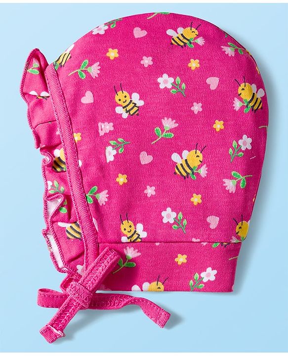 Babyhug 100% Cotton Cap with Polka Dot & Floral Print Pack of 2 Dark Pink & Pink - Diameter 16 cm
