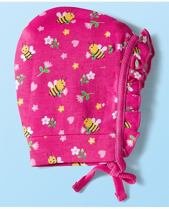 Babyhug 100% Cotton Cap with Polka Dot & Floral Print Pack of 2 Dark Pink & Pink - Diameter 16 cm