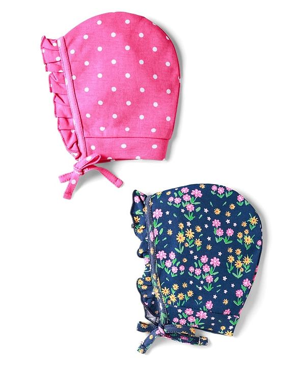 Babyhug 100% Cotton Knit Floral & Polka Dot Printed Caps Pack of 2 Navy Blue & Pink - Diameter 9 cm