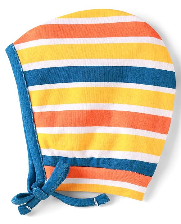 Babyhug 100% Cotton Knit Bonnet Bonnet Caps with Animal Print & Stripes Pack of 2 Blue & Yellow - Diameter 10 cm
