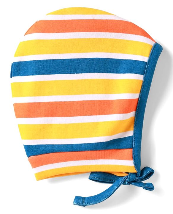 Babyhug 100% Cotton Knit Bonnet Bonnet Caps with Animal Print & Stripes Pack of 2 Blue & Yellow - Diameter 10 cm