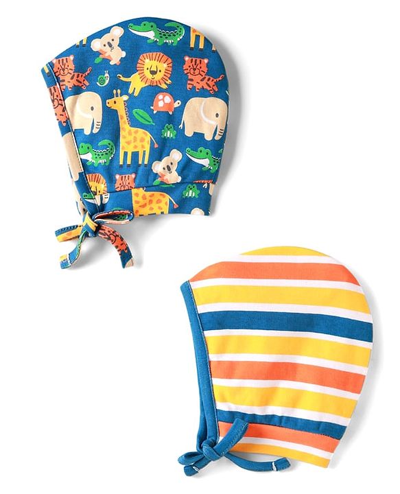 Babyhug 100% Cotton Knit Bonnet Bonnet Caps with Animal Print & Stripes Pack of 2 Blue & Yellow - Diameter 11 cm