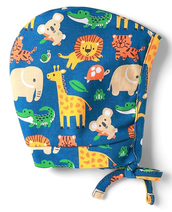 Babyhug 100% Cotton Knit Bonnet Bonnet Caps with Animal Print & Stripes Pack of 2 Blue & Yellow - Diameter 11 cm