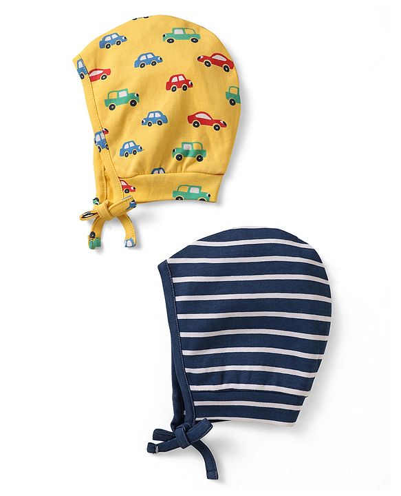 Babyhug 100% Cotton Knit Bonnet Cap with Stripes & Vehicle Print Pack of 2 Yellow & Navy Blue - Diameter 17 cm