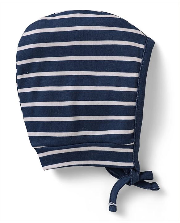 Babyhug 100% Cotton Knit Bonnet Cap with Stripes & Vehicle Print Pack of 2 Yellow & Navy Blue - Diameter 17 cm