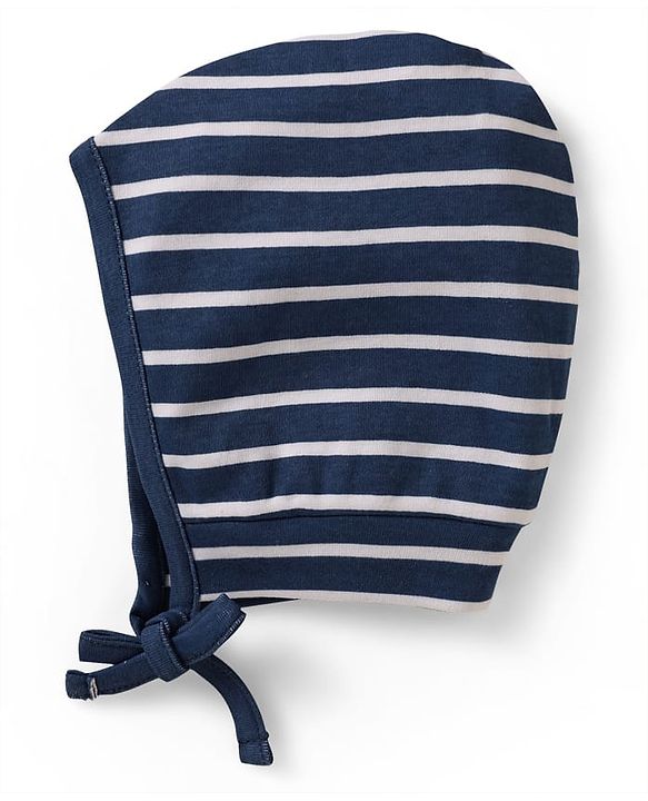 Babyhug 100% Cotton Knit Bonnet Cap with Stripes & Vehicle Print Pack of 2 Yellow & Navy Blue - Diameter 17 cm