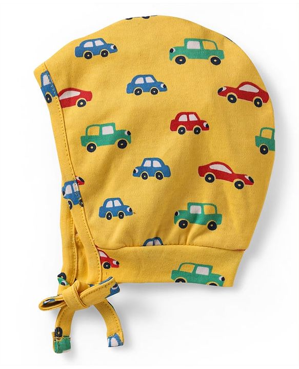 Babyhug 100% Cotton Knit Bonnet Cap with Stripes & Vehicle Print Pack of 2 Yellow & Navy Blue - Diameter 17 cm