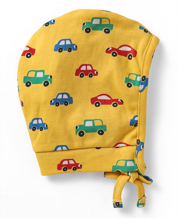 Babyhug 100% Cotton Knit Bonnet Cap with Stripes & Vehicle Print Pack of 2 Yellow & Navy Blue - Diameter 17 cm