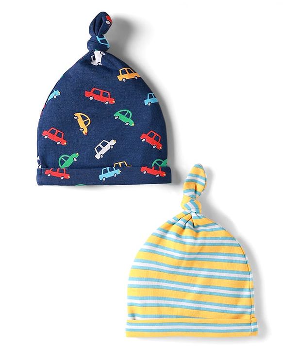 Babyhug 100% Cotton Knit Striped & Car Printed Caps Pack of 2 Navy Blue & Yellow - Diameter 11.5 cm