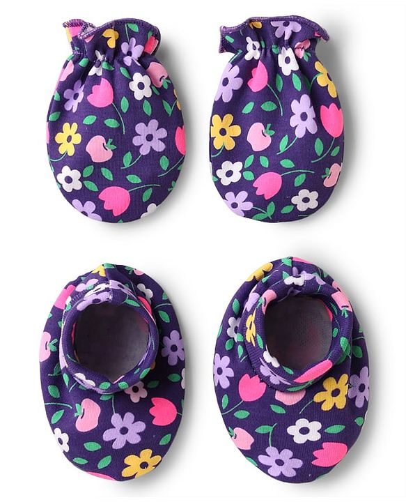 Babyhug 100% Cotton Interlock Knit Mittens & Booties Set with Floral Print - Purple