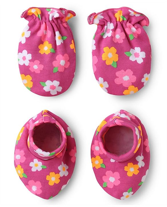 Babyhug 100% Cotton Interlock Knit Mittens & Booties Set with Floral Print - Pink