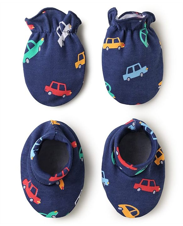 Babyhug 100% Cotton Interlock Knit Mittens & Booties Set with Car Print - Navy Blue