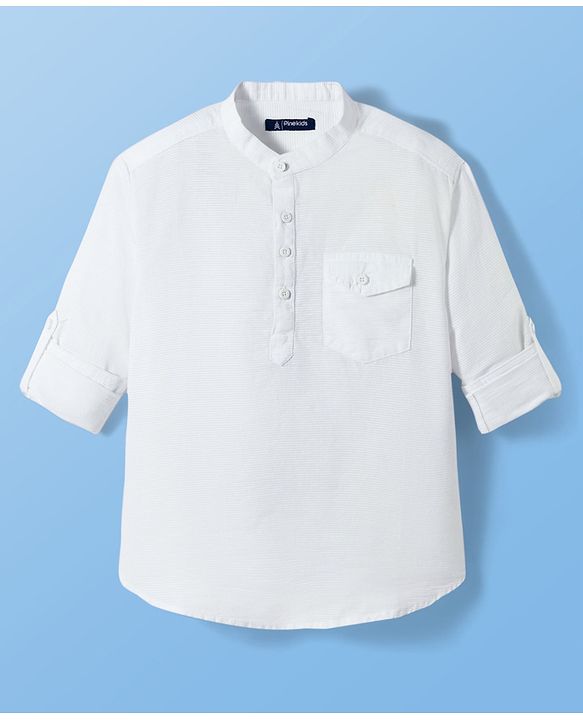 Pine Kids Cotton Woven Full Sleeves Solid Colour Kurta Style Shirt - White