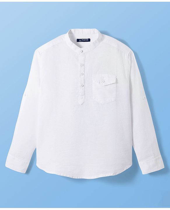 Pine Kids Cotton Woven Full Sleeves Solid Colour Kurta Style Shirt - White