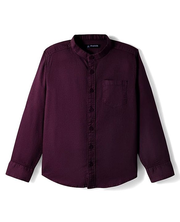 Pine Kids Cotton Woven Full Sleeves Mandarin Collar Solid Shirt - Wine