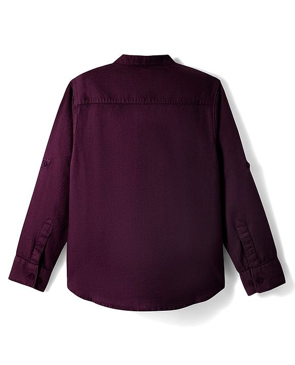 Pine Kids Cotton Woven Full Sleeves Mandarin Collar Solid Shirt - Wine