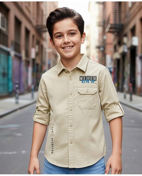 Pine Kids Cotton Woven Full Sleeves Shirt with Front Pocket & Text Print - Beige