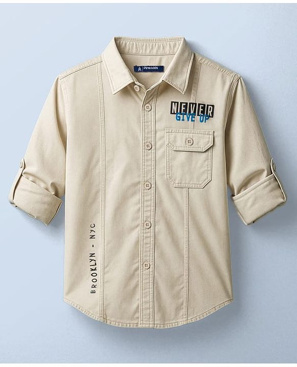 Pine Kids Cotton Woven Full Sleeves Shirt with Front Pocket & Text Print - Beige