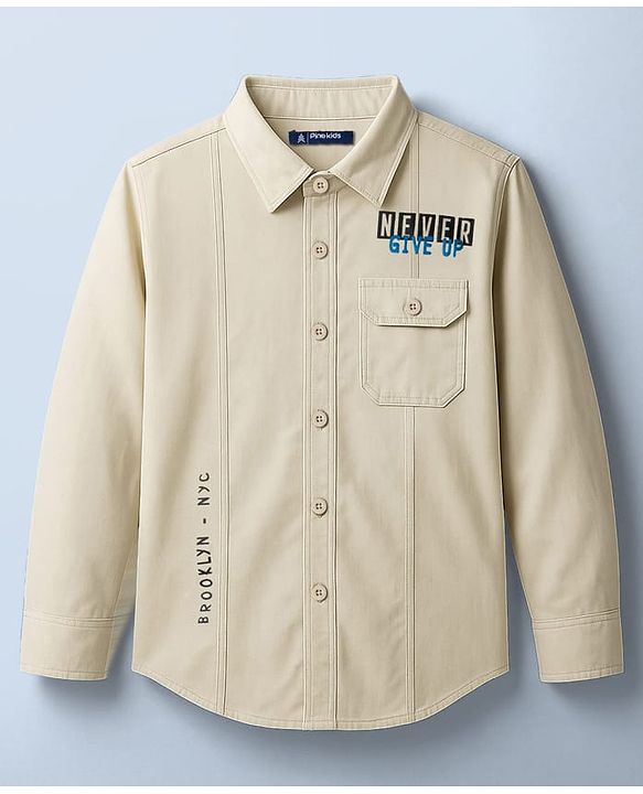 Pine Kids Cotton Woven Full Sleeves Shirt with Front Pocket & Text Print - Beige