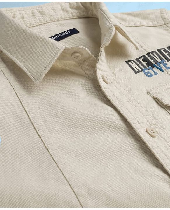 Pine Kids Cotton Woven Full Sleeves Shirt with Front Pocket & Text Print - Beige