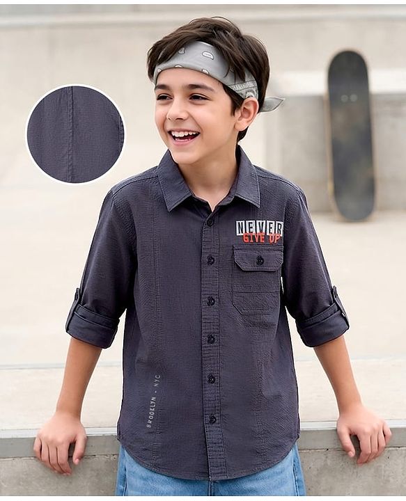Pine Kids Cotton Woven Full Sleeves Shirt with Front Pocket & Text Print - Beige