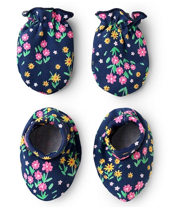 Babyhug 100% Cotton Interlock Knit Mittens & Booties Set with Floral Print - Navy Blue