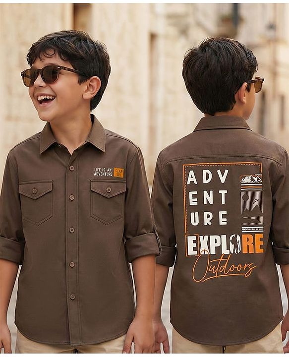 Pine Kids Cotton Woven Full Sleeves Shirt with Front Pocket & Text Print - Brown