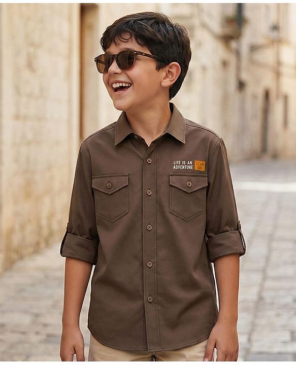 Pine Kids Cotton Woven Full Sleeves Shirt with Front Pocket & Text Print - Brown