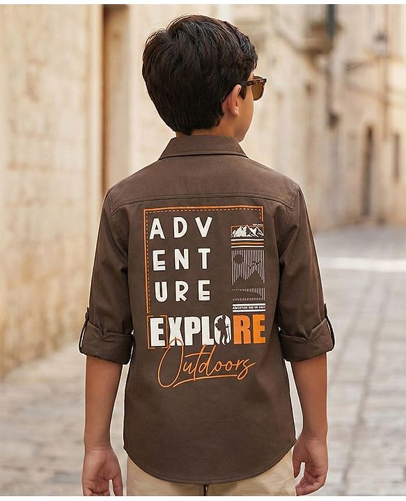 Pine Kids Cotton Woven Full Sleeves Shirt with Front Pocket & Text Print - Brown