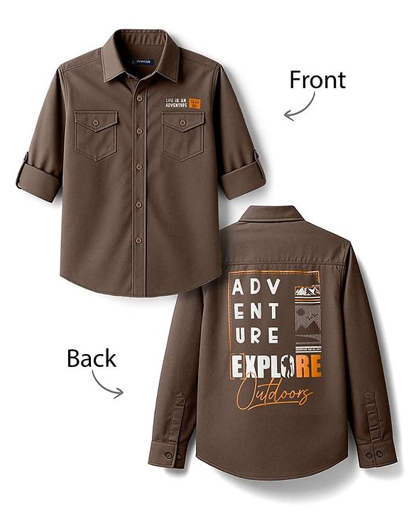 Pine Kids Cotton Woven Full Sleeves Shirt with Front Pocket & Text Print - Brown