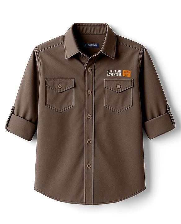 Pine Kids Cotton Woven Full Sleeves Shirt with Front Pocket & Text Print - Brown