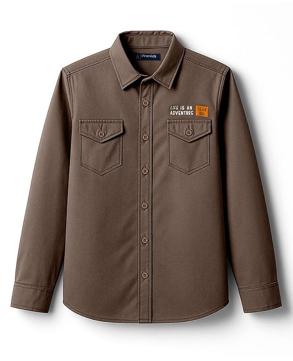 Pine Kids Cotton Woven Full Sleeves Shirt with Front Pocket & Text Print - Brown