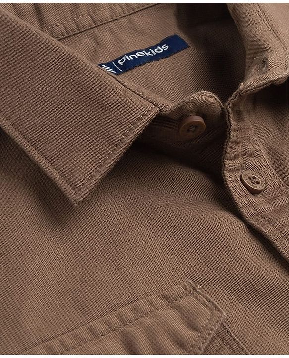 Pine Kids Cotton Woven Full Sleeves Shirt with Front Pocket & Text Print - Brown