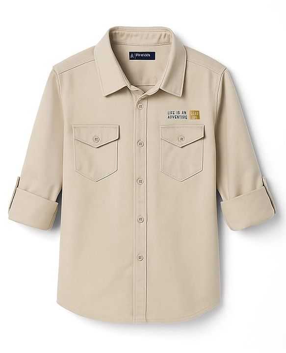 Pine Kids Cotton Woven Full Sleeves Shirt with Front Pocket & Text Print - Brown