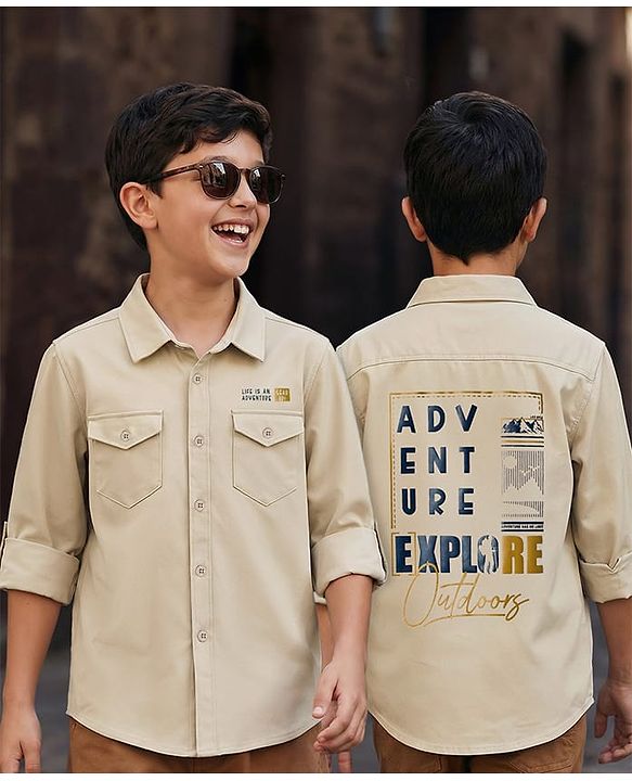 Pine Kids Cotton Woven Full Sleeves Shirt with Front Pocket & Text Print - Brown