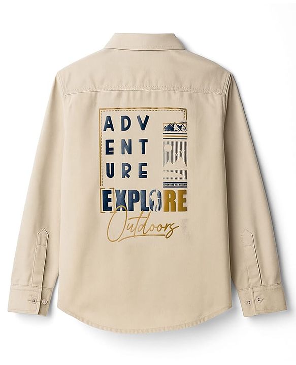 Pine Kids Cotton Woven Full Sleeves Shirt with Front Pocket & Text Print - Brown