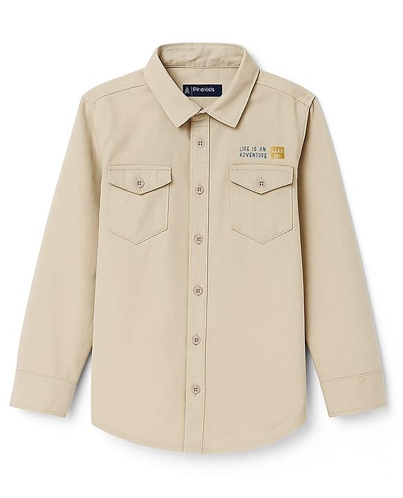 Pine Kids Cotton Woven Full Sleeves Shirt with Front Pocket & Text Print - Brown