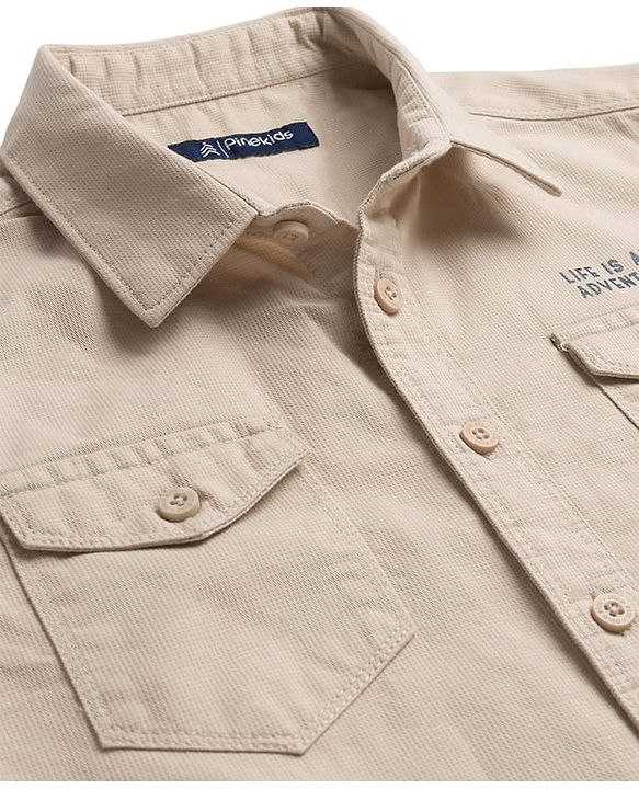 Pine Kids Cotton Woven Full Sleeves Shirt with Front Pocket & Text Print - Brown