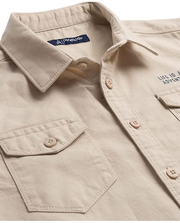 Pine Kids Cotton Woven Full Sleeves Shirt with Front Pocket & Text Print - Brown
