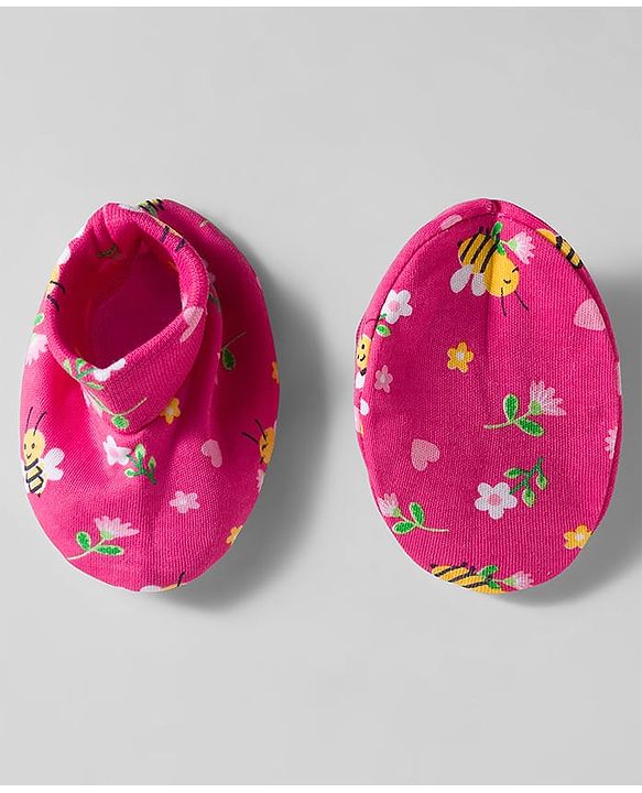 Babyhug 100% Cotton Mittens & Booties Set With Floral Print - Pink