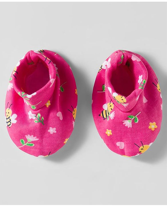 Babyhug 100% Cotton Mittens & Booties Set With Floral Print - Pink